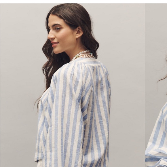NWT Anthropologie Striped Linen Dolman Lace-Up Blue and White Women's Top - Med - Picture 2 of 14